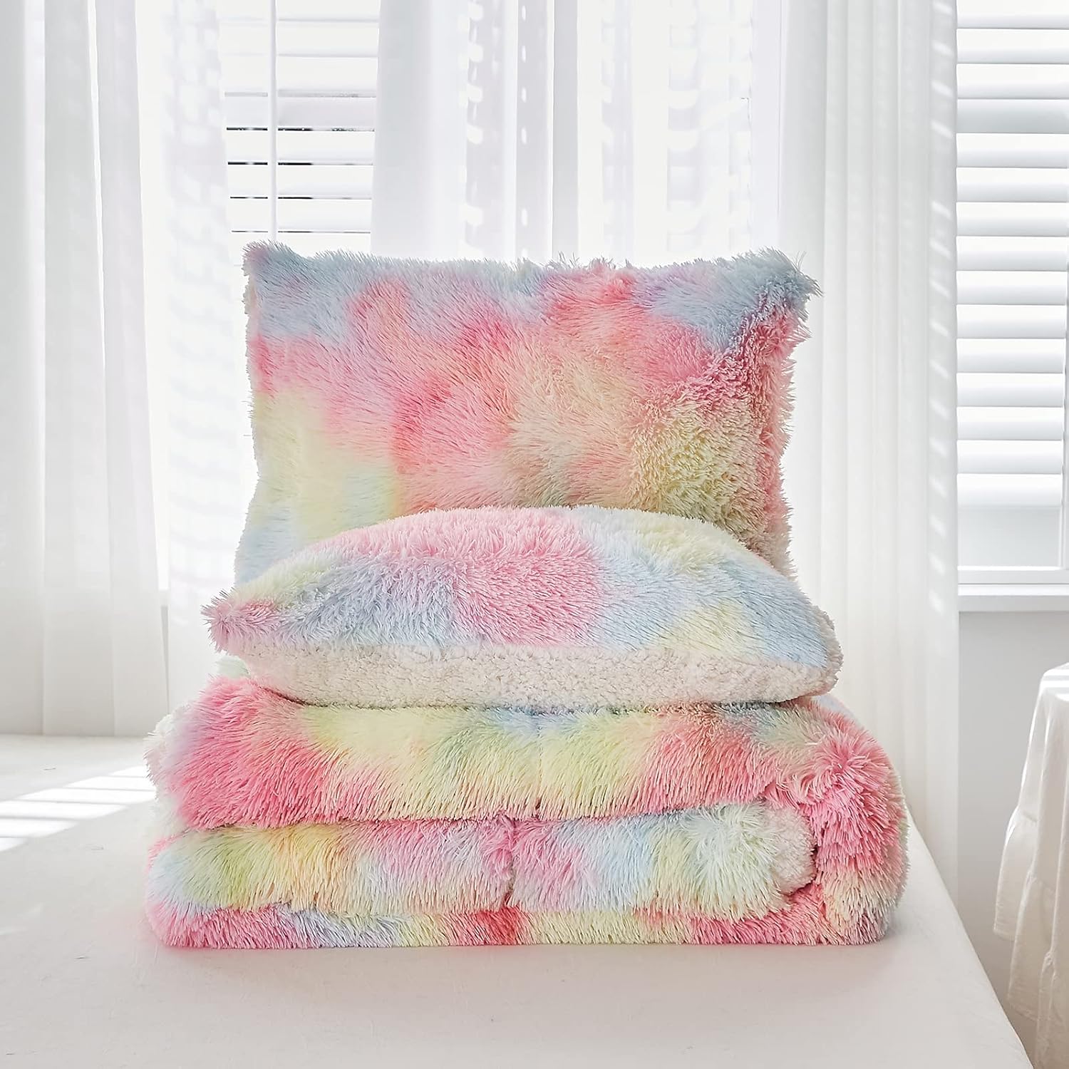 Luxury Faux Fur Shaggy Comforter Set Twin Size, Plush & Sherpa Reversible Comforter Tie Dye Rainbow, 3 Pieces Fluffy Fuzzy Bedding Set Ultra Soft and Warm for Winter (1 Comforter + 2 Pillowcases) - Image 7