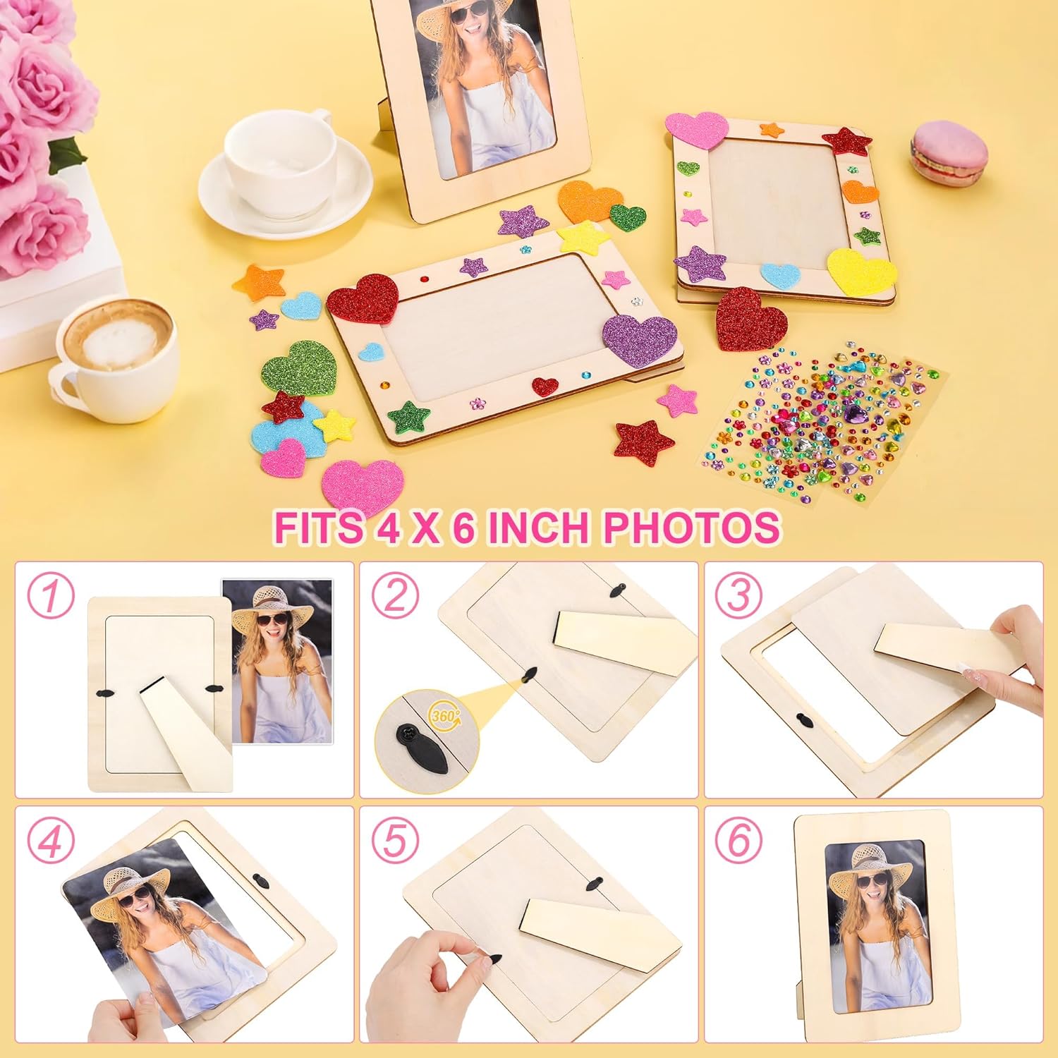 Aneco 48 Packs Picture Frame Painting Craft Kit for 4 x 6 Inch Photo DIY Unfinished Wooden Photo Frames with Diamond and Foam Stickers for DIY Crafts, Paint and Decorate