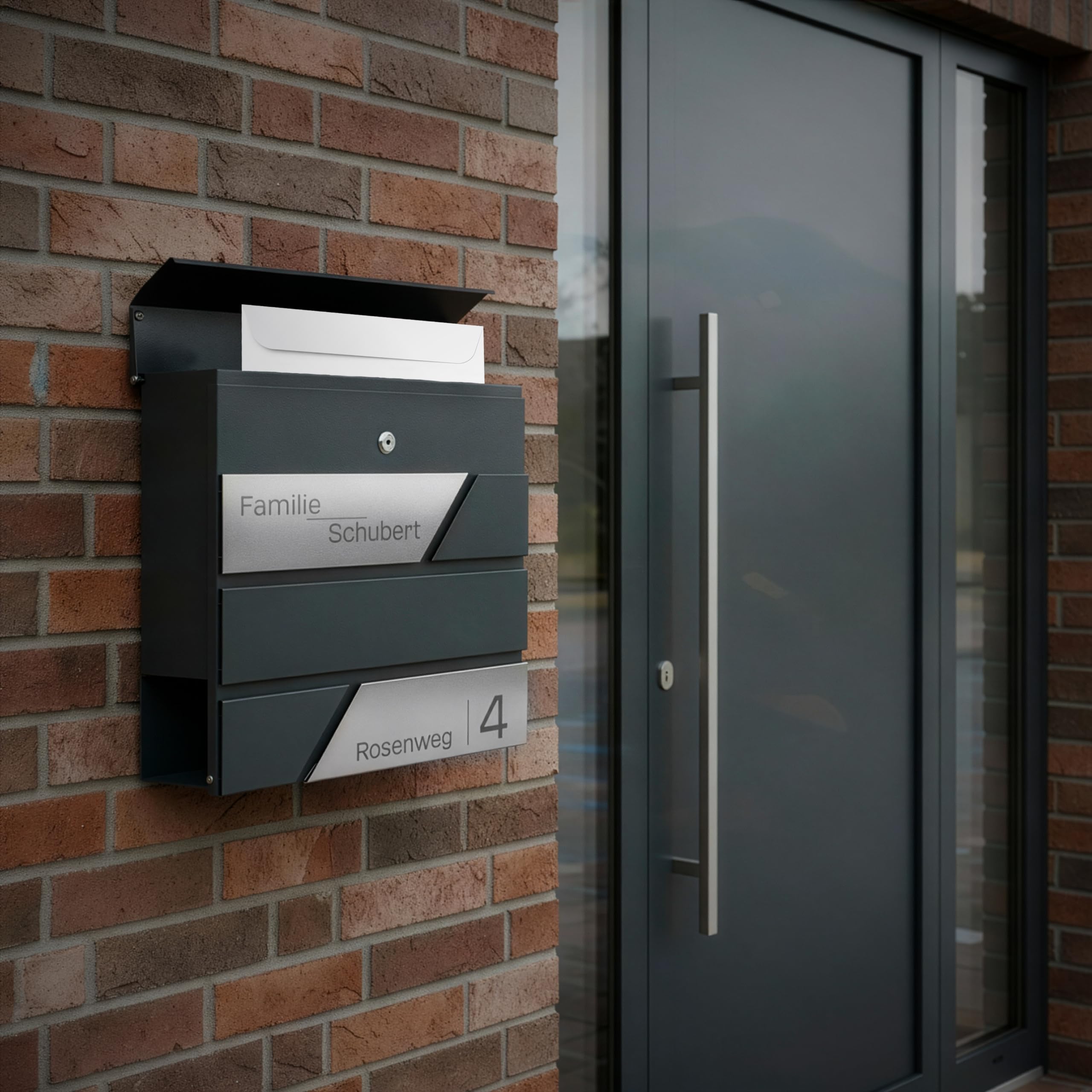 Grafner Premium Briefkasten personalisiert, RAL7016 mit Zeitungsfach und 2 Schlüssel, moderner Postkasten mit Name Straße Hausnummer, anthrazitgrau Wandbriefkasten graviert, mit Montagematerial