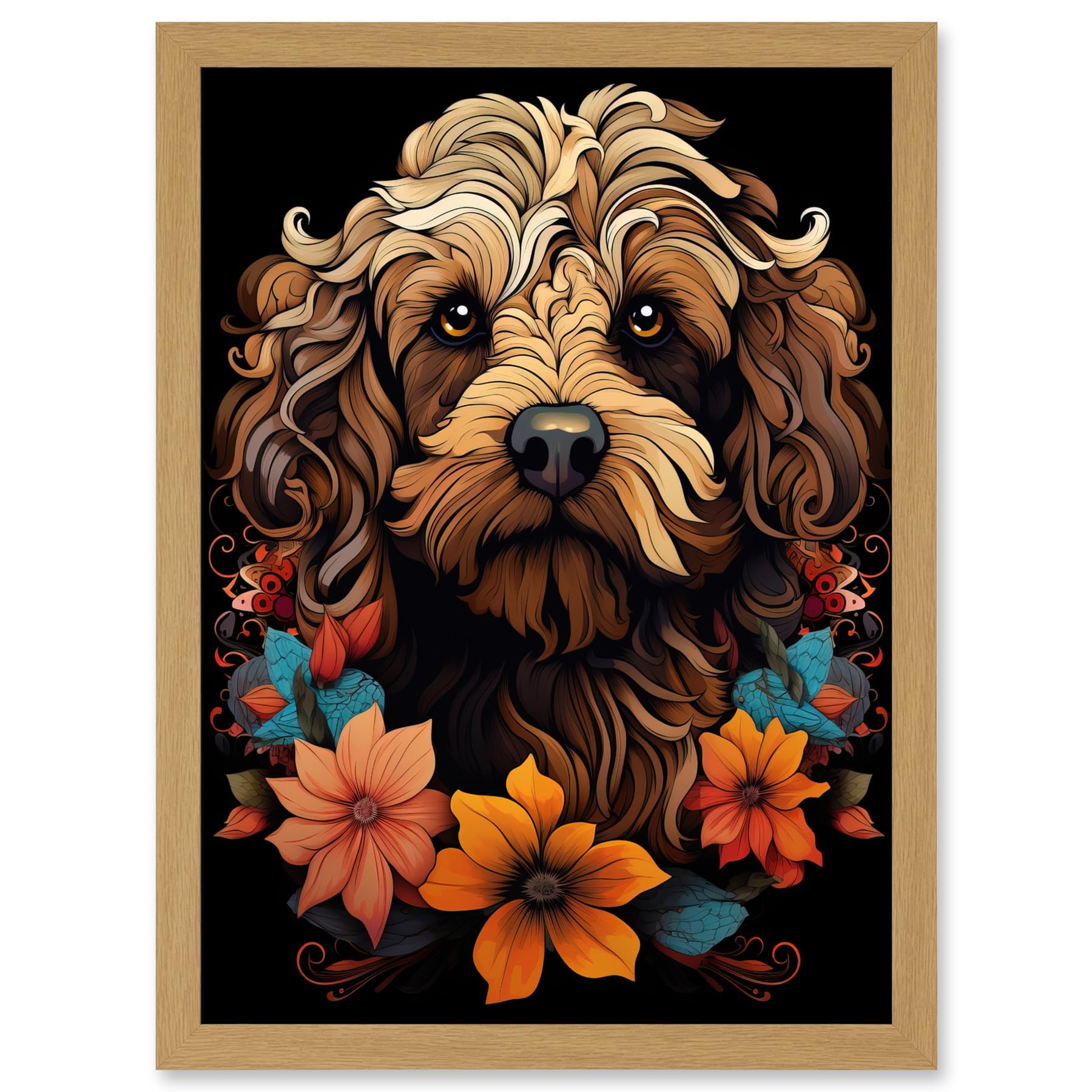 Artery8 Cockapoo Dog with Flowers Artwork Orange Brown Blue Floral Art Nouveau Portrait on Black Artwork Framed A3 Wall Art Print