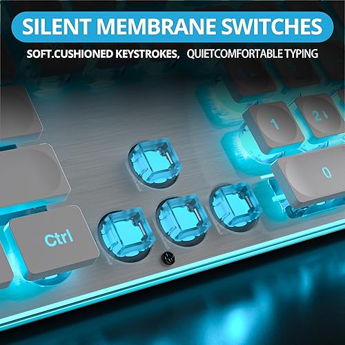 Miniatura 5 de Owpkeenthy Teclado blanco para juegos de máquina de escribir de tamaño completo, teclado silencioso retroiluminado para oficina con panel de metal