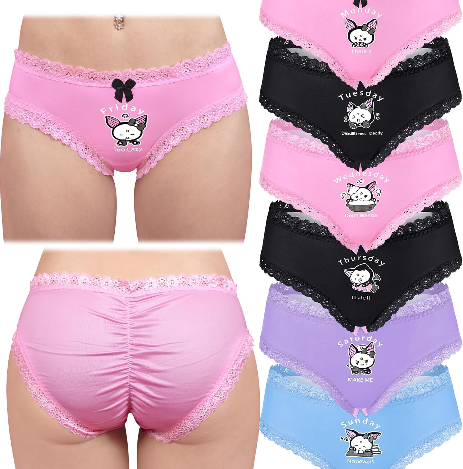 Littleforbig Women's Ladies Soft Silky Underwear Hipster Briefs Babydoll Batty Brat Days of the Week 7 Pack Panties Set