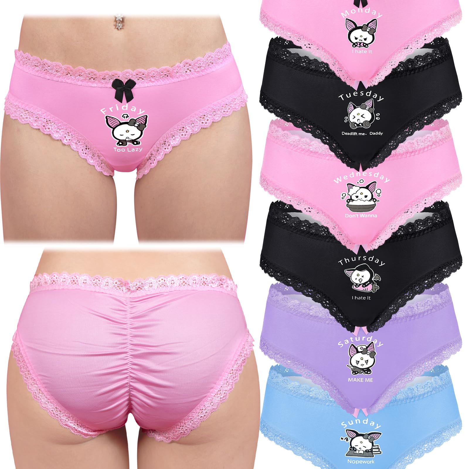 Littleforbig Women's Ladies Soft Silky Underwear Hipster Briefs Babydoll Batty Brat Days of the Week 7 Pack Panties Set