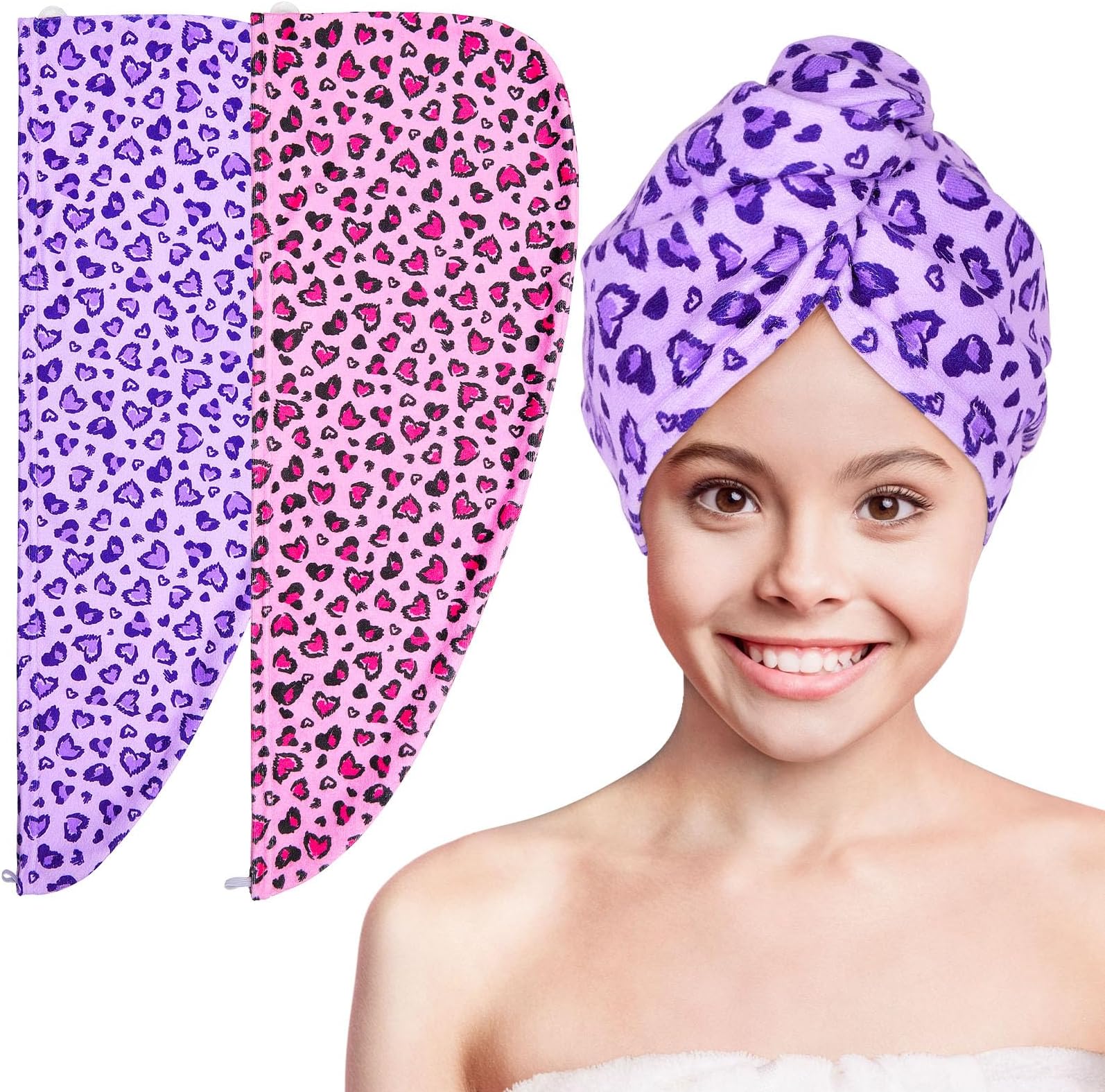 Basumee Microfiber Hair Towel Wrap for Kids 2 Pack Rapid Drying Hair Towel with Button Hair Turbans for Wet Hair Wraps Head Towel Wrap for Women and Girls