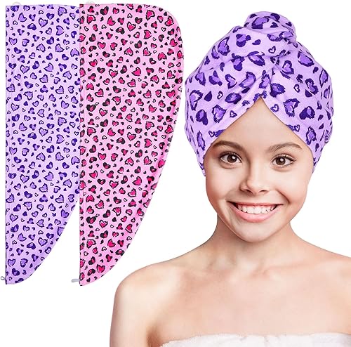 Vista 12 de Basumee Toalla Envolvente de Microfibra para el Cabello para Niños Paquete de 2 Toallas de Cabello de Secado Rápido con Botón Turbantes para Cabello