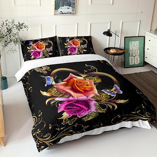 Miniatura 19 de AILONEN Juego de funda de edredón de rosa roja, tamaño King, juego de ropa de cama de delfín estrellado azul, funda de edredón romántica de San