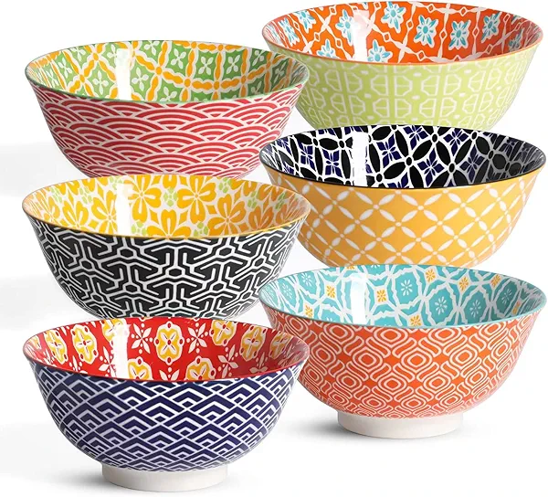 Metahom Ceramic Cereal Bowls, 23 Oz Colorful Soup Bowls, Deep Porcelain Bowl Set for Salad, Dessert, Pasta, Ice Cream,Set of 6