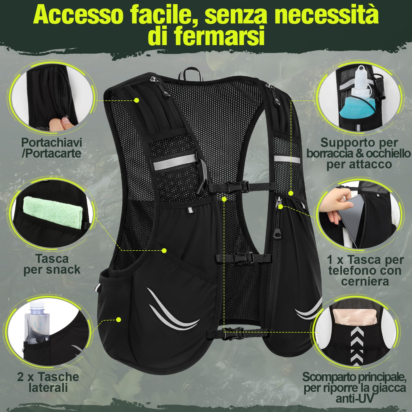 Charmofun Zaino Trail Running, Gilet Running Uomo e Donna, Zainetto Running Leggero con Borraccia Morbida 2 Pezzi 500ml, Zaino Idratazione per Corsa, Ciclismo, Maratona, Alpinismo