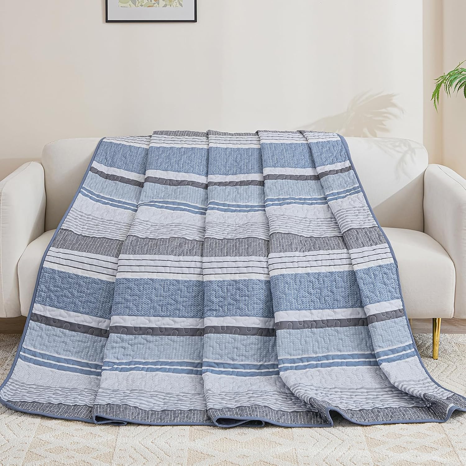 Dintszyayue King Size Quilts Blue, 3 Pieces Boho Striped Bedspread Bedding for King Size Bed, Soft Lightweight Microfiber Bohemian Coverlet Set for All Season Quilts with 2 Pillowcases - Image 9