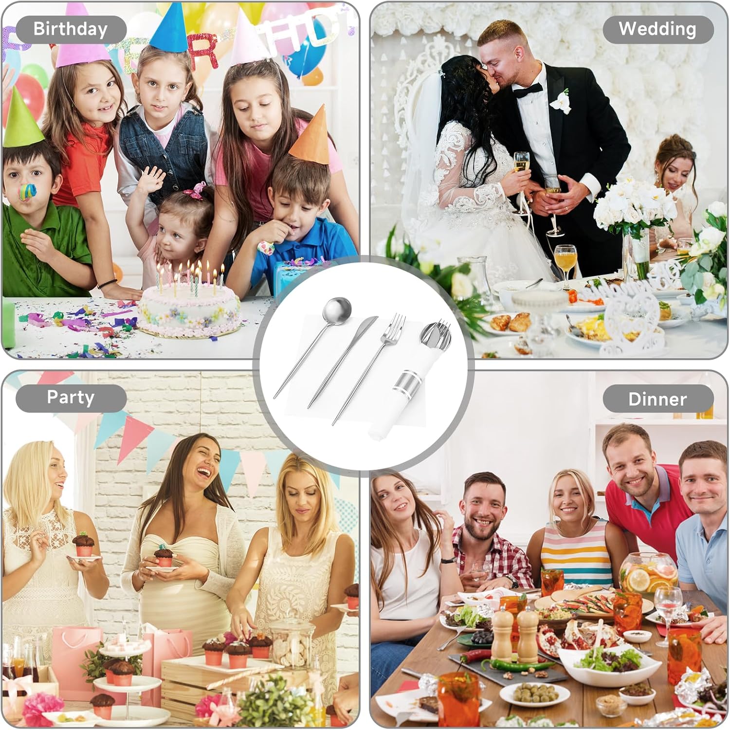 100Pack Silver Pre Rolled Plastic Silverware - Wrapped Silver Plastic Cutlery Set Include 100 Forks, 100 Knives, 100 Spoons and 100 Napkins, Heavy Duty Disposable Silverware for Party, Wedding