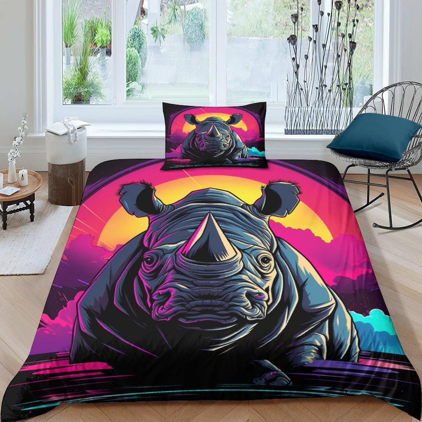 UENDOKRNN Rhino Duvet Cover 3 PCS Hotel Quality Quilt Cover Bedding Set Bed Covers with Pillowcases with Zipper Closure Ultra Soft Hypoallergenic Microfiber Single（135x200cm）