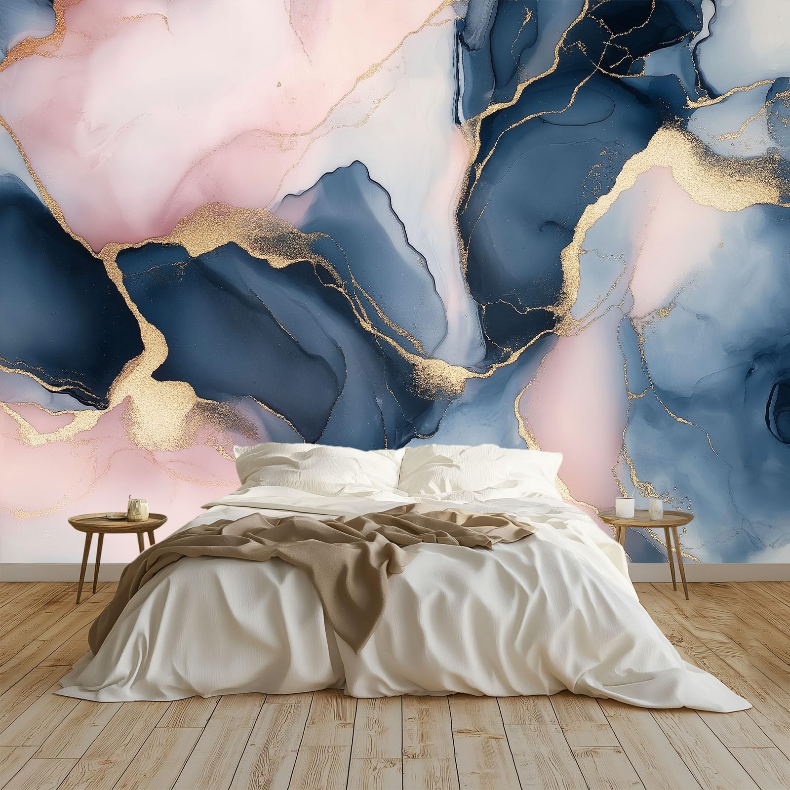 Papier peint marbre rose et bleu panoramique intissé de dimensions 400x280 cm pour grand mur du salon