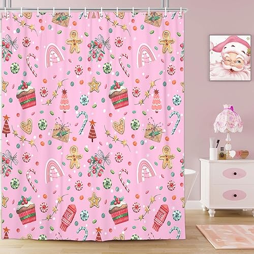 Cortina de ducha rosa de Navidad, bonita cortina de ducha colorida para niños y niñas, cortina de ducha de Feliz Navidad con pastel de caramelo y