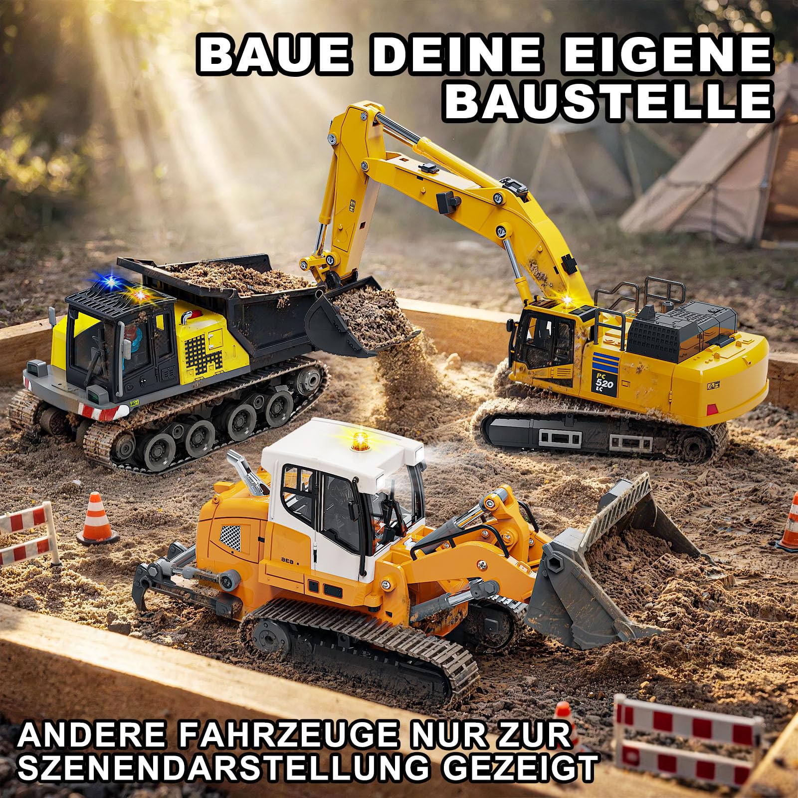 RC Radlader 1:50,Mini RC Loader Laderaupe Spindelantrieb | mit Metallschaufel, Metallketten, 2,4 GHz LCD-Fernbedienung, Licht & Sound, 2 Akkus, für Erwachsene und ab 6 Jahren