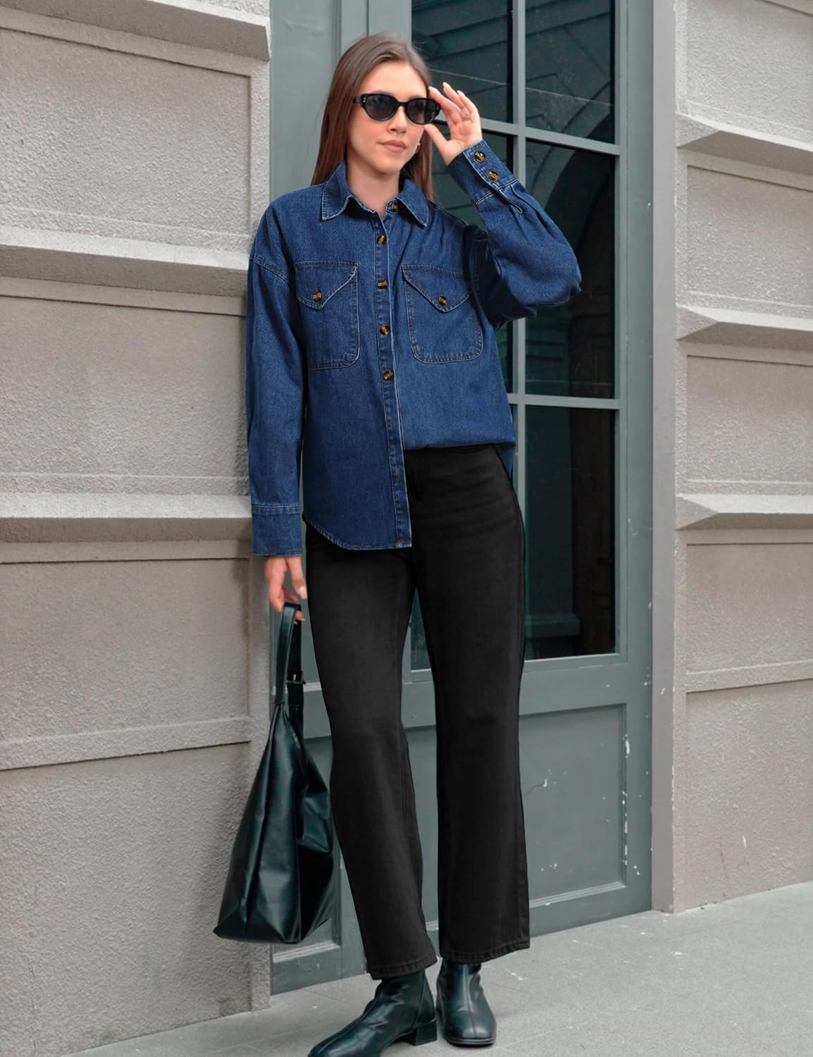 Women's Oversized Denim Shirt Long Sleeve Boyfriend Jean Jacket Button Down Blouse Top