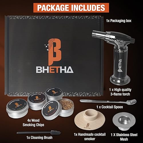 Miniatura 9 de BHETHA-Kit de ahumador de cóctel con antorcha, 4 sabrosos sabores de virutas de madera (manzana, nuez, cereza, roble) para bourbon y whisky,