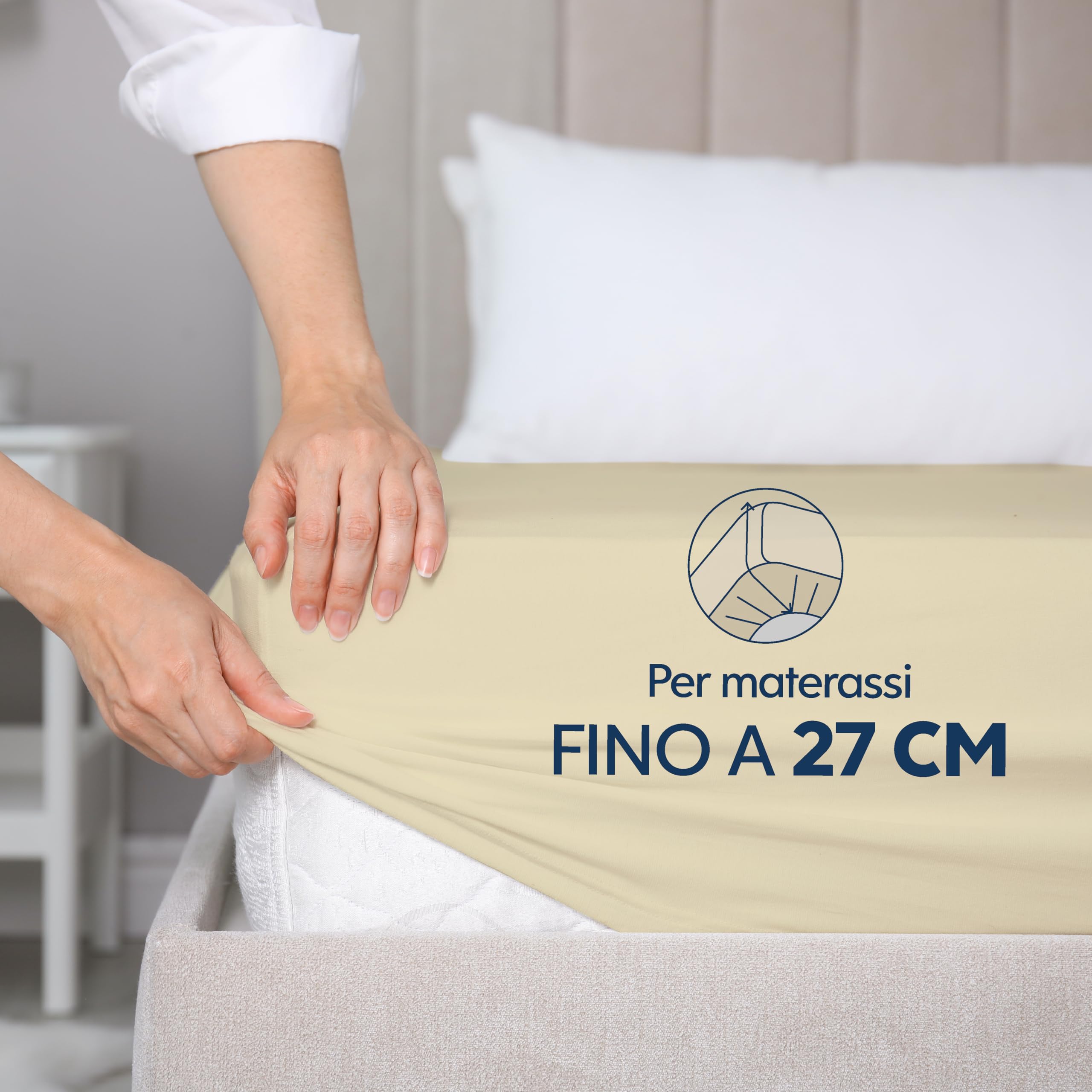 Dreamzie Lenzuola Matrimoniali Cotone 200x200 cm, Altezza Materasso fino a 27 cm - Coprimaterasso Matrimoniale - Beige - Certificato senza Prodotti Chimici (Oeko TEX)