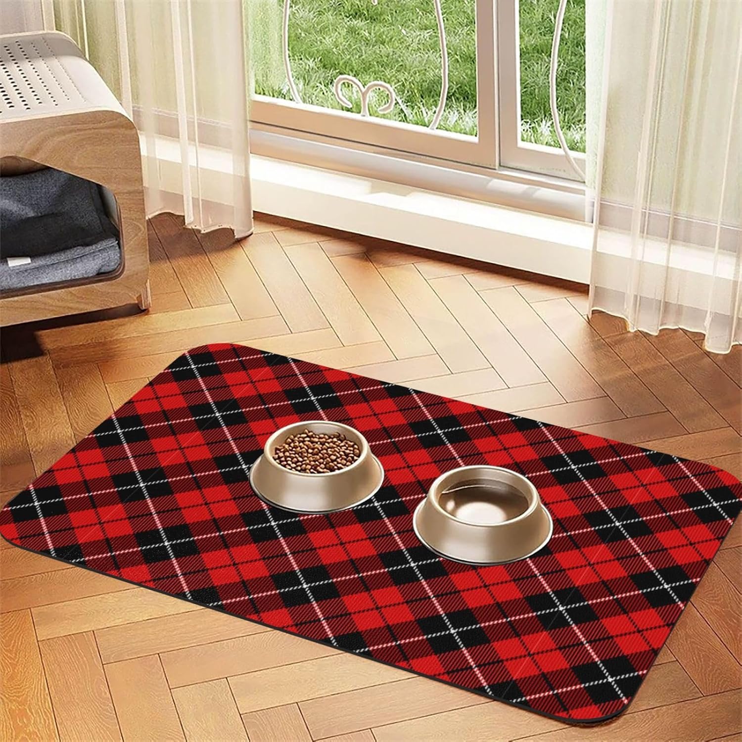 Red and Black Plaid Leather Absorbent Pet Feeding Mat Non-Slip for Dogs Cats 40x60cm