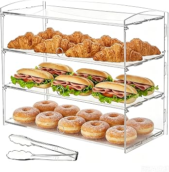 3-Tier Bakery Display Case,Commercial Countertop Acrylic Bakery Display Case With Bread Tong,Dustproof Clear Showcase for Cupcakes, Pastries, Food Storage 48 23 39cm