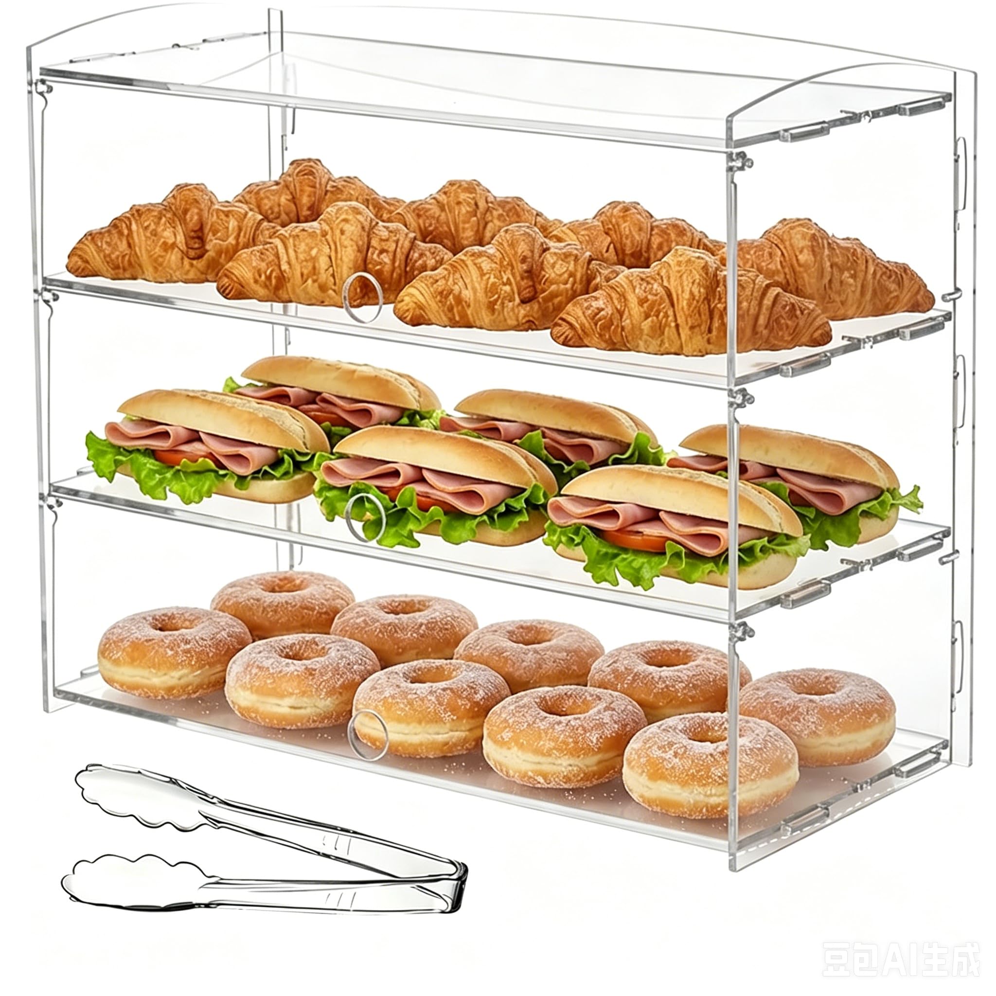 Patioza Transparent 3-Tier Pastry Display Case,Commercial Countertop Acrylic Bakery Display Case With Bread Tong,Dustproof Clear Showcase For Cupcakes, Pastries, Food Storage 48×23×39Cm