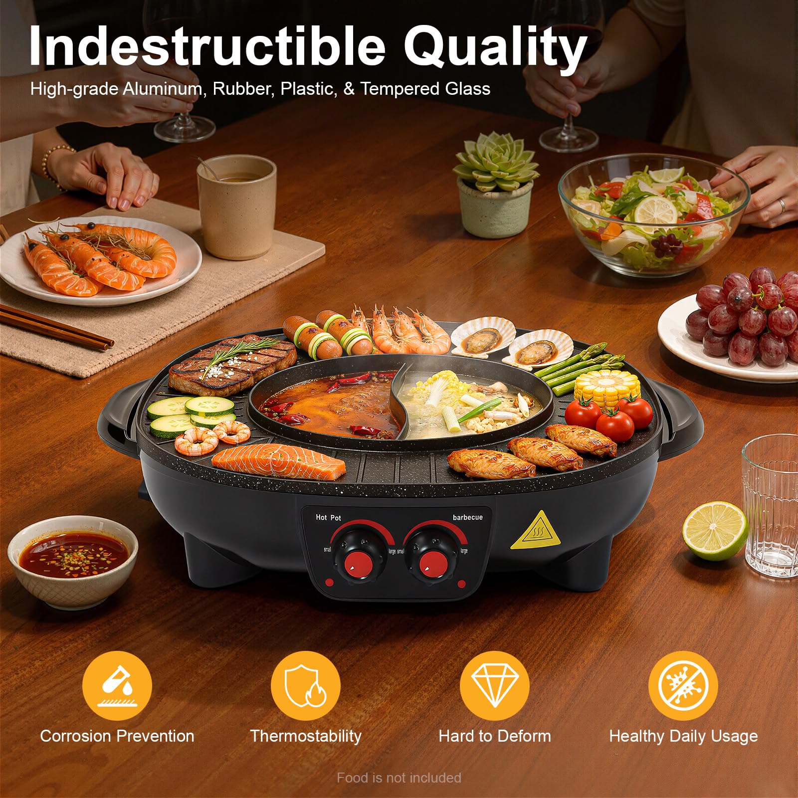 Electric Hot Pot e grill, 2000 W, padella elettrica multifunzione, capacità 3 l, con coperchio, manico del coperchio, per interni, coreano, barbecue, fonduta e raclette XXL, per 5-6 persone