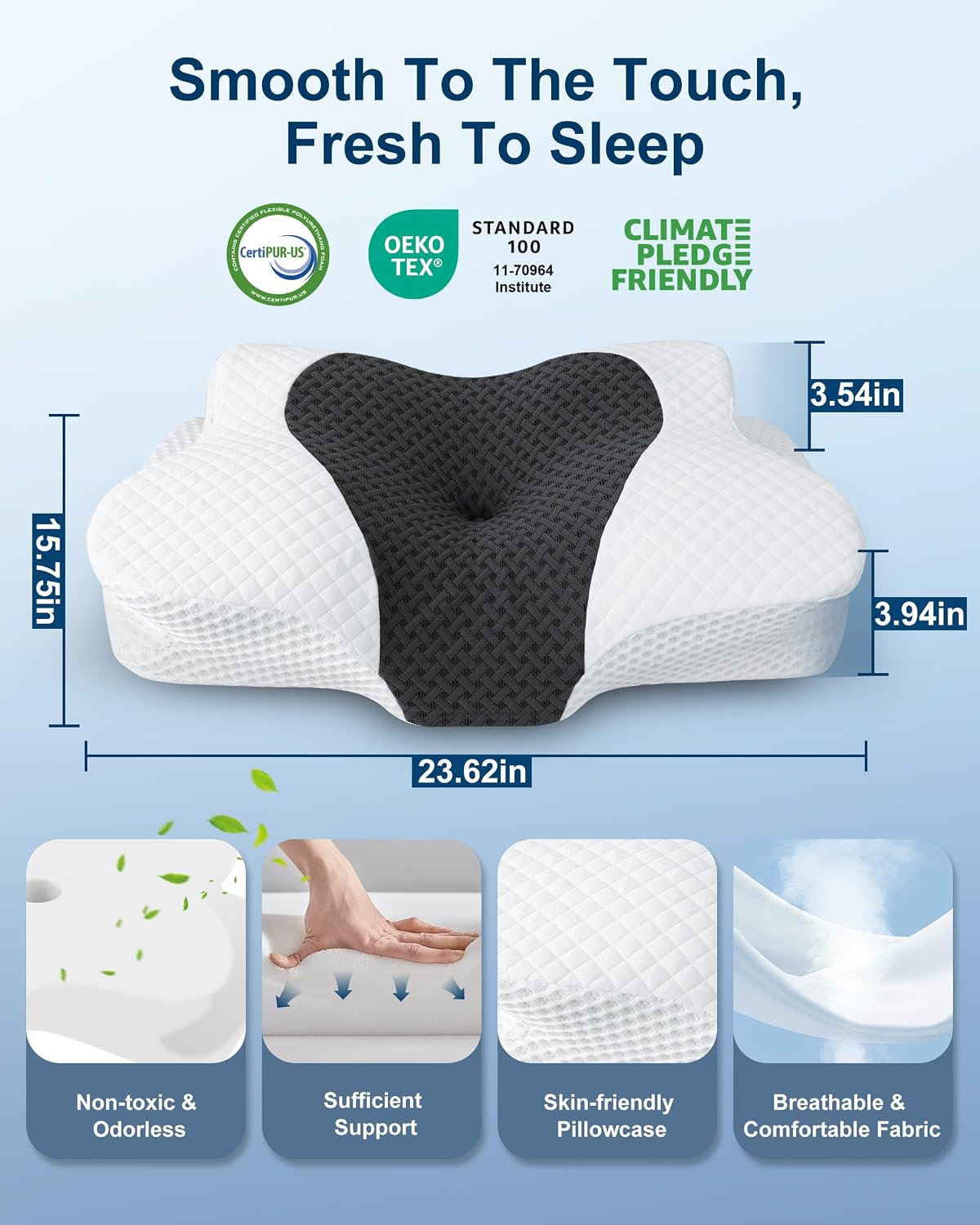 HOMCA Cervical Neck Pillow for Neck Pain Relief, Ergonomic Orthopedic Neck Pillows for Sleeping, Memory Foam Neck Pillow for Back Stomach Side Sleepers with Breathable Pillowcase
