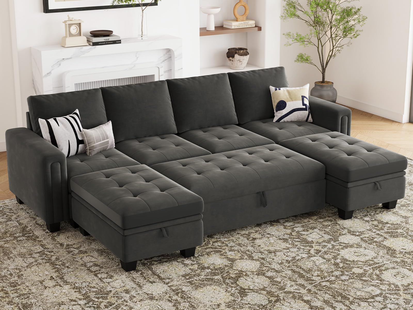 Belffin Modular Sectional Sleeper Sofa with Pull Out Bed Velvet Convertible U Shaped Sectional Sofa Couch with Storage Chaises for Living Room Grey