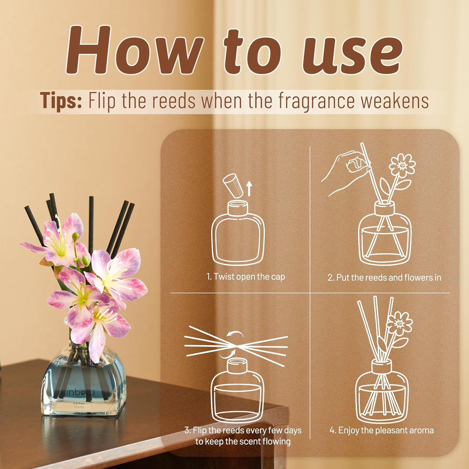 Flower Reed Diffuser Set, Home Fragrance with Vanilla Essential Oil and Scent Sticks, Air Freshener for Bedroom, Living Room, Office or Bathroom Decor 3.4 oz