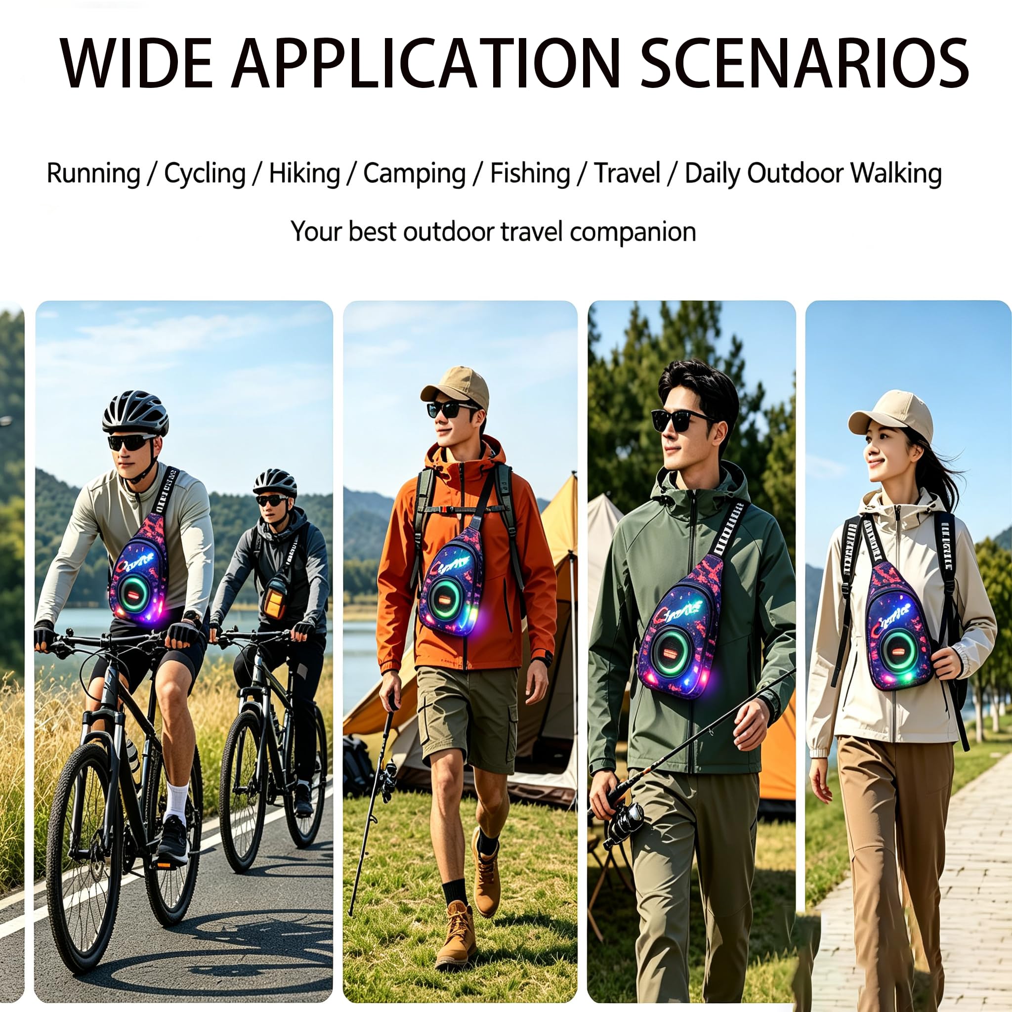 JACKLY Kabelloser Lautsprecher-Rucksack mit LED-Sicherheitslicht und Powerbank, wasserdicht, Radfahren, Wandern, Tagesrucksack, Schwarz, Small, Sportlich