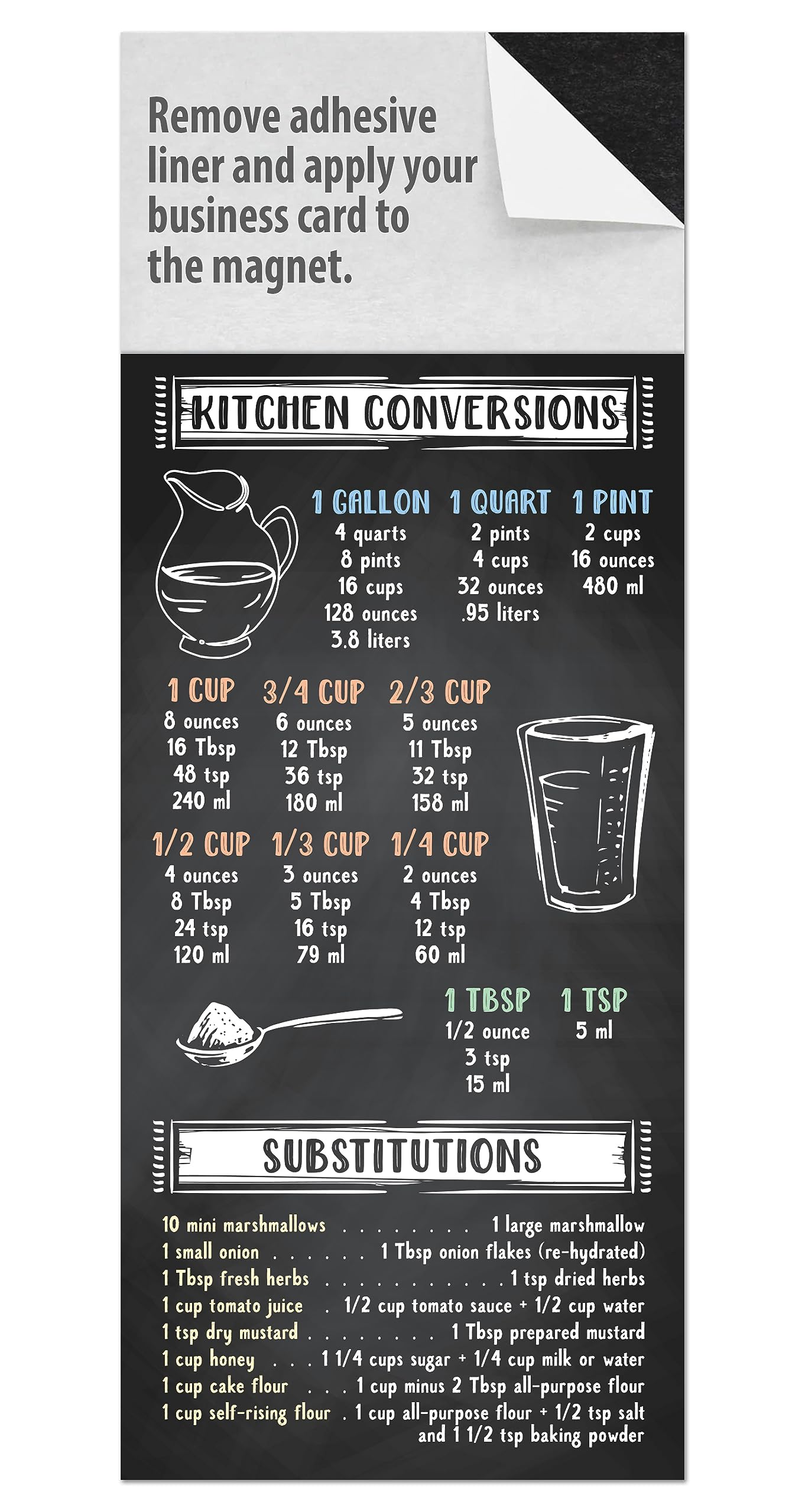 Business Card Peel and Stick Magnet with Household Reference Card, Mails for 1oz, Box of 100,Self Marketing Supply - Chalkboard (Cooking Measurements)