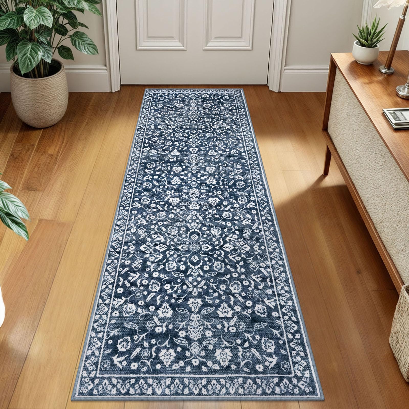 SILOLOOM Vintage 2x7 Runner Rug, Navy Washable Runners for hallways, Super Soft Kitchen Runner Rug Non Slip, Print Faux Wool Floral Thin Carpet Runner for Entryway Indoor Bedside Runner โ image 1