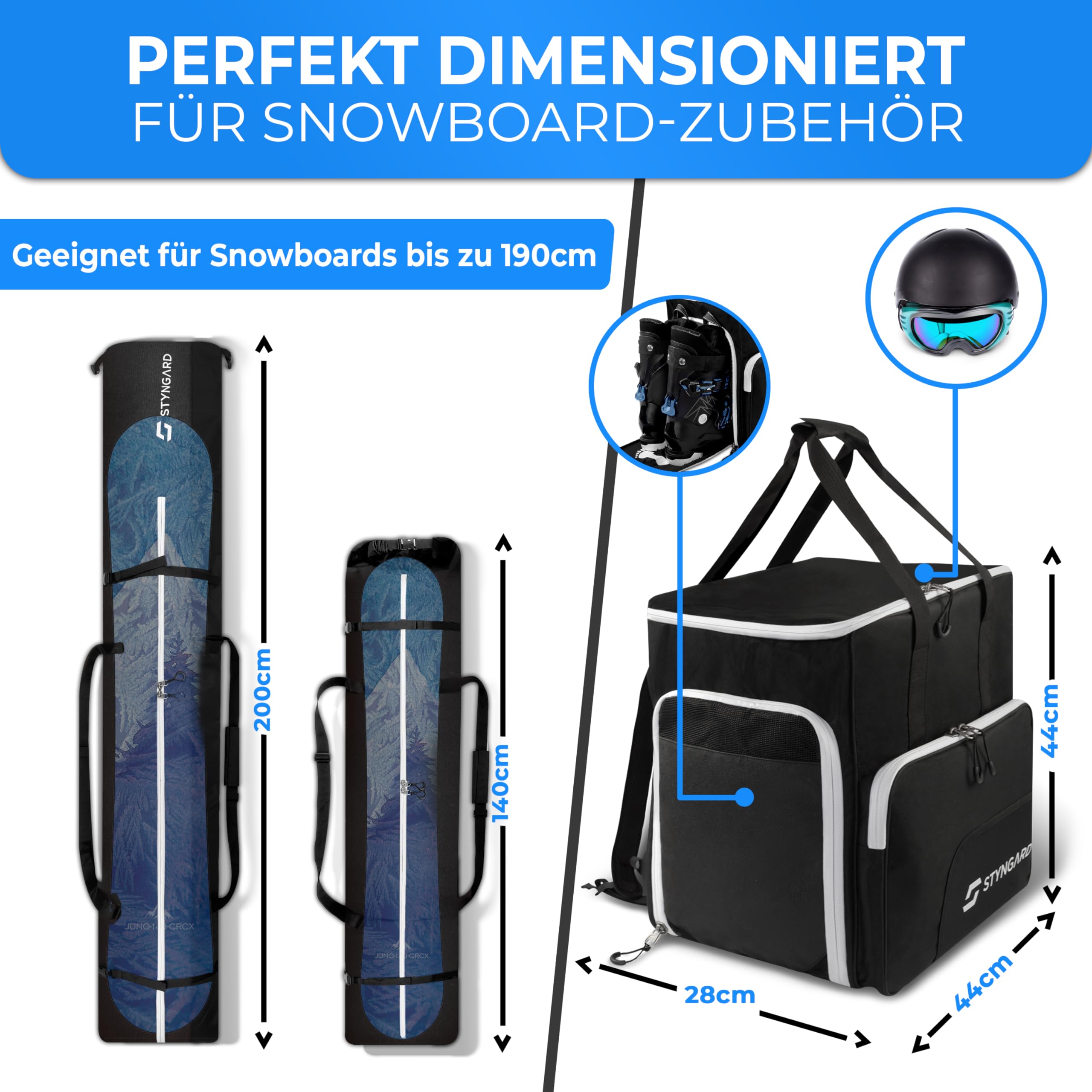 STYNGARD Set di borse da snowboard con tasca per stivali, da 140 cm a 190 cm), con imbottitura nella zona di legatura, borsa da snowboard modello Calgary