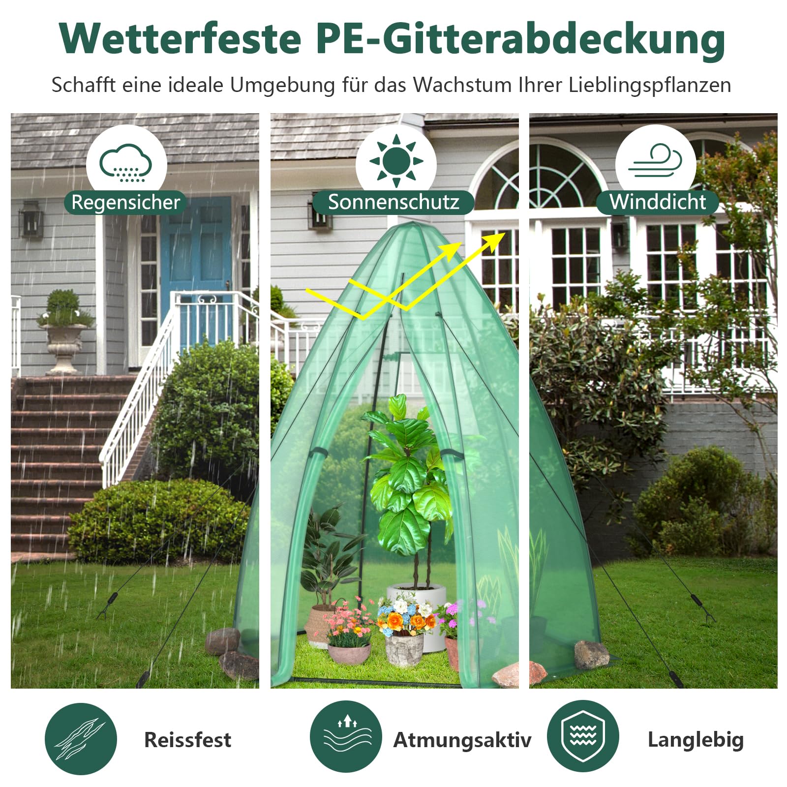 RELAX4LIFE Gewächshaus, Foliengewächshaus Winterfest, Überwinterungszelt für Pflanzen mit Rolltür & Netzfenster, Treibhaus für Garten Terrasse Balkon, 160 x 160 x 183 cm, Grün