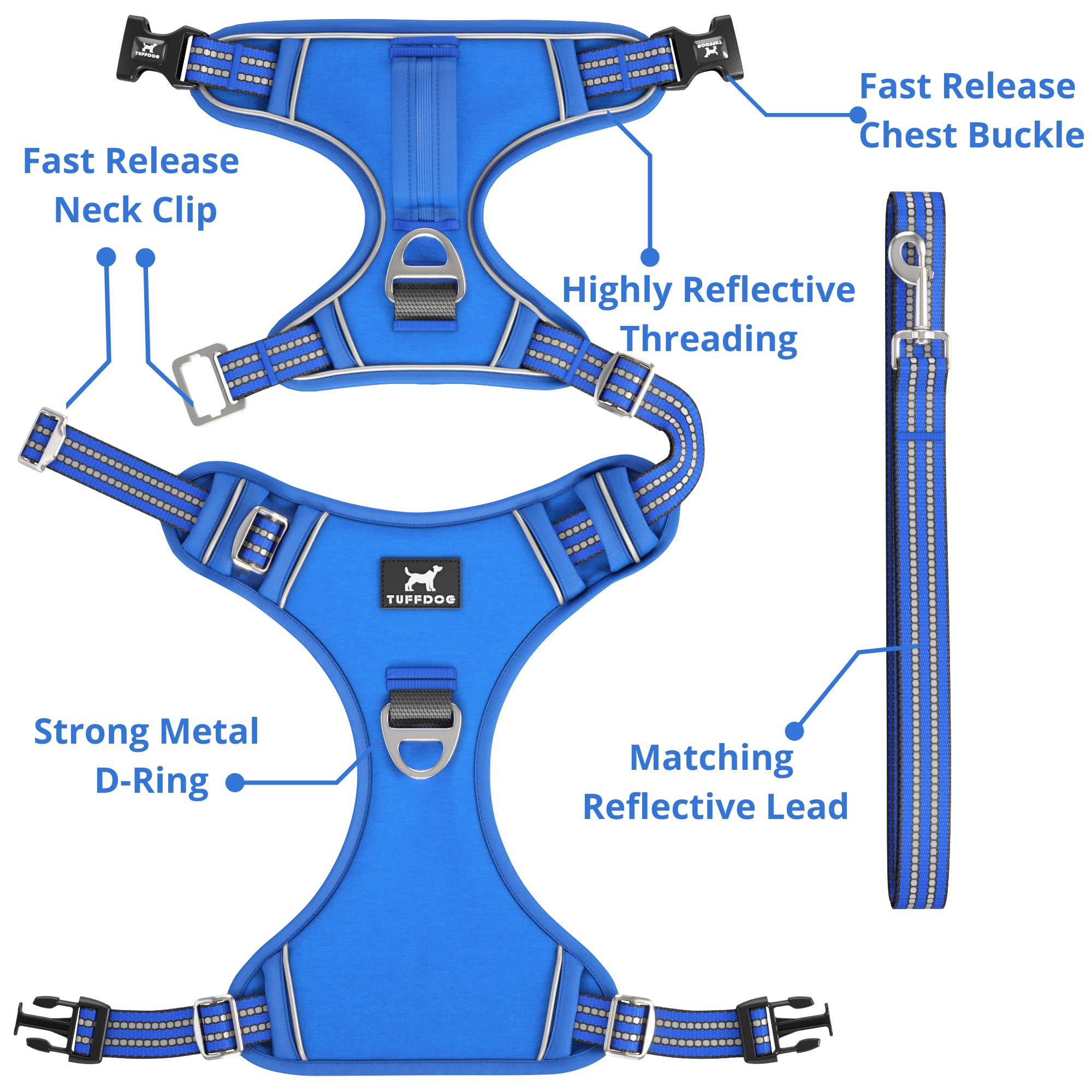 TUFFDOG Easy-Fit Dog Harness Large, Fast Release Neck Clip, Premium Padded Reflective No Pull Harness with Control Handle - Image 3