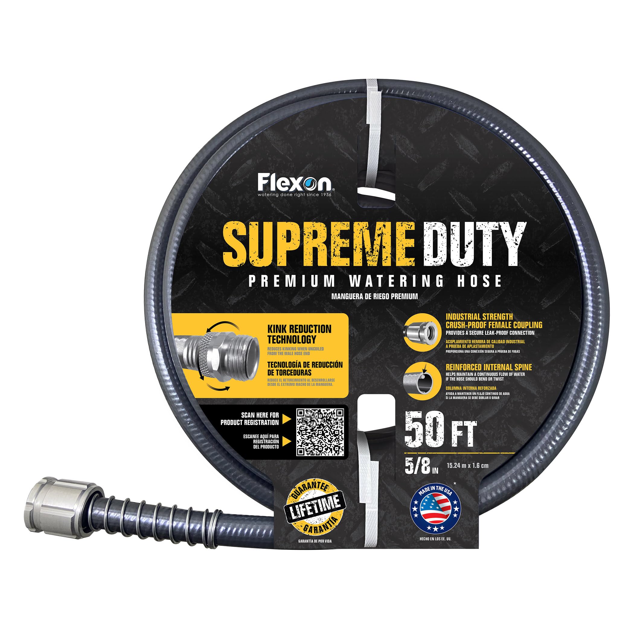 Supreme Duty 5/8" x 50-Foot Heavy-Duty Garden Hose by Flexon – 50 FT, Polyvinyl Chloride (PVC), Black, Model SD5850EC