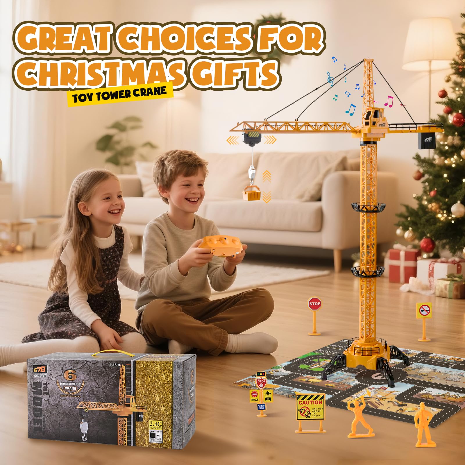 Grúa Torre Teledirigida 128 cm RC, 6 Canales 2.4 GHz 680° Rotación, Grúa de Construcción con Luces y Sonido, Juguete para Niños 3+ Años