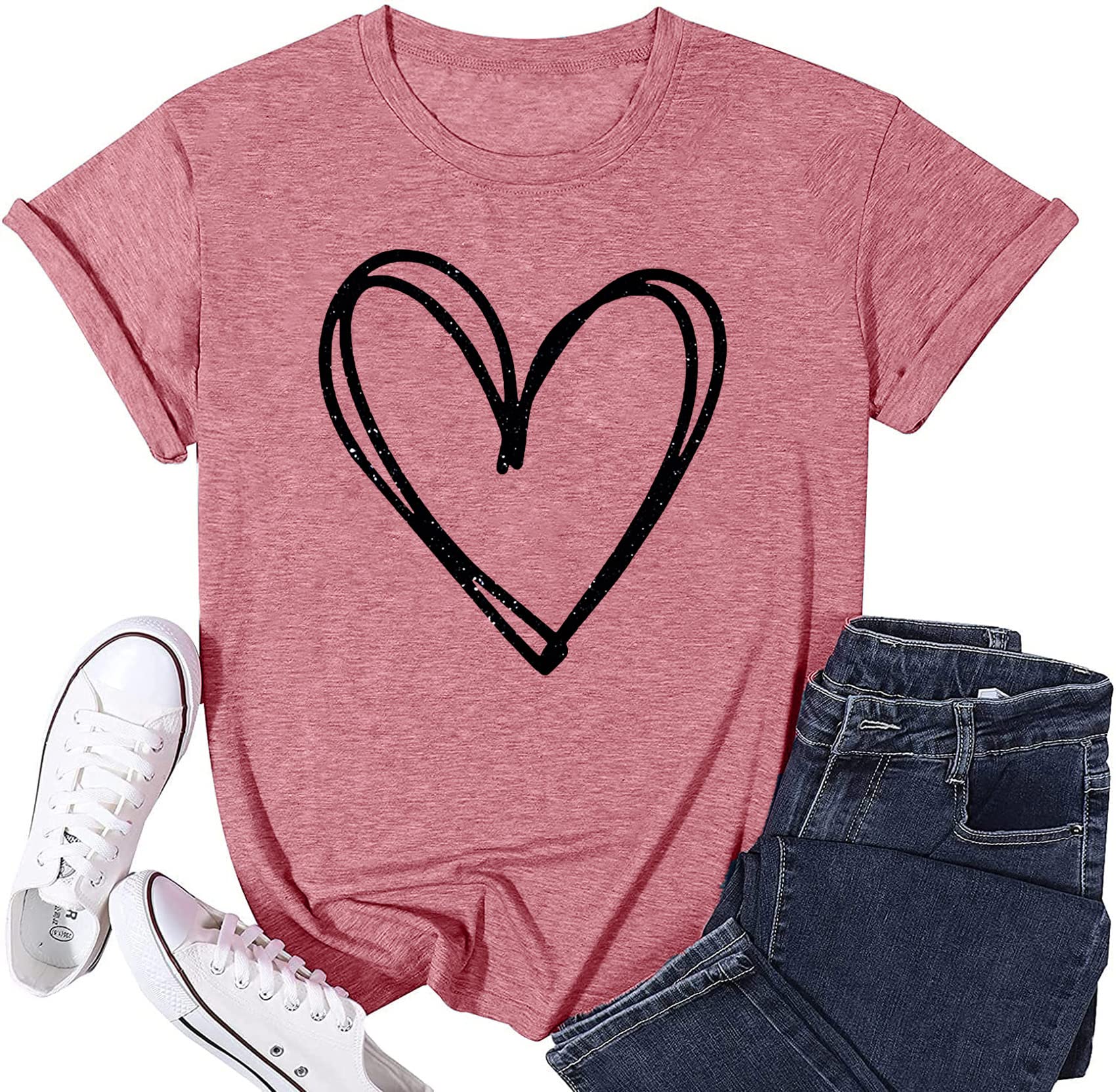 VVNTY Valentines T Shirts for Women Cute Heart Print Graphic Tees Casual Short Sleeve Top