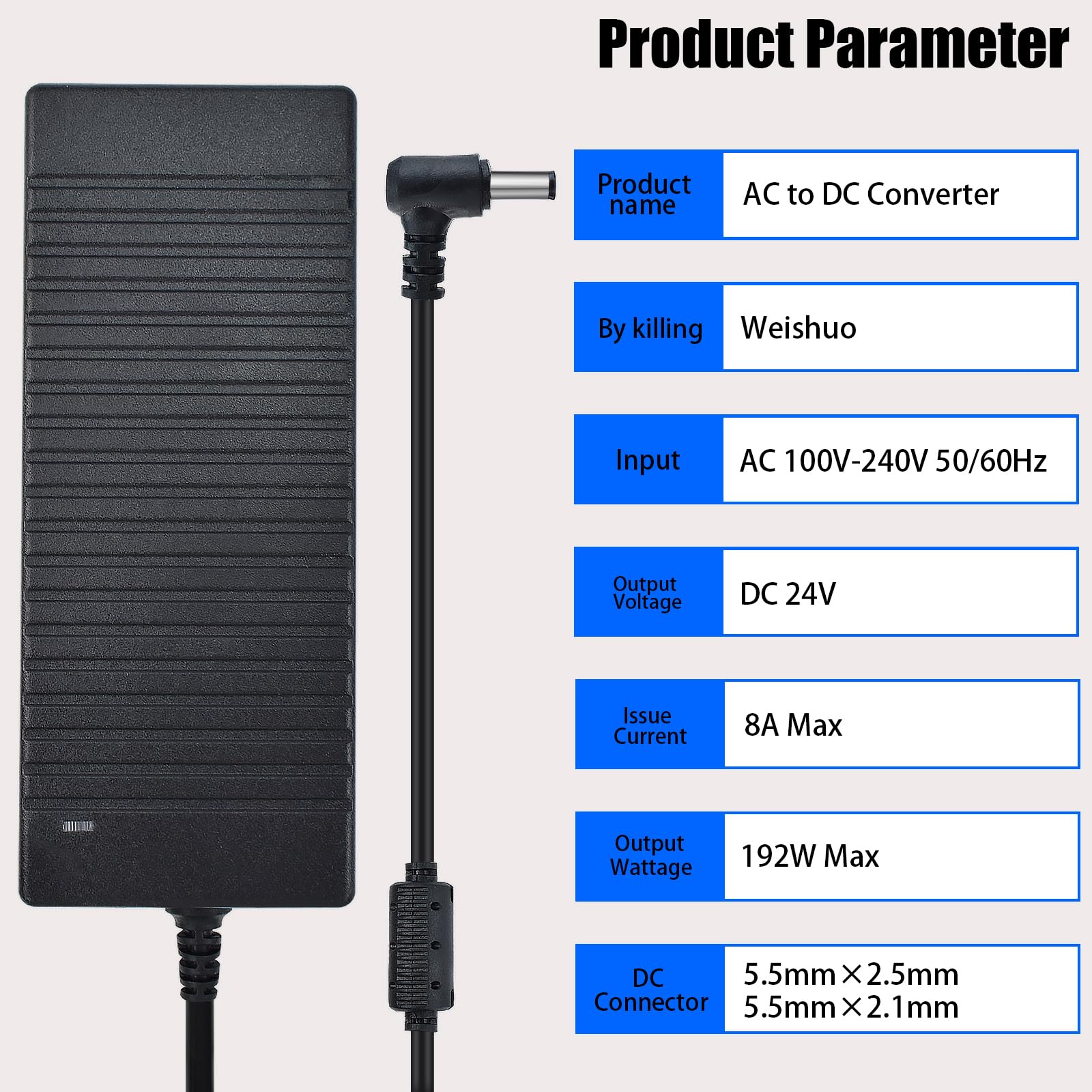 24 V, 8 A, zasilacz 192 W, konwerter napięcia AC 100-240 V na DC 24 V, uniwersalny zasilacz z wtyczką 5,5 x 2,5 mm do taśm LED, kamery monitorującej, monitora LCD