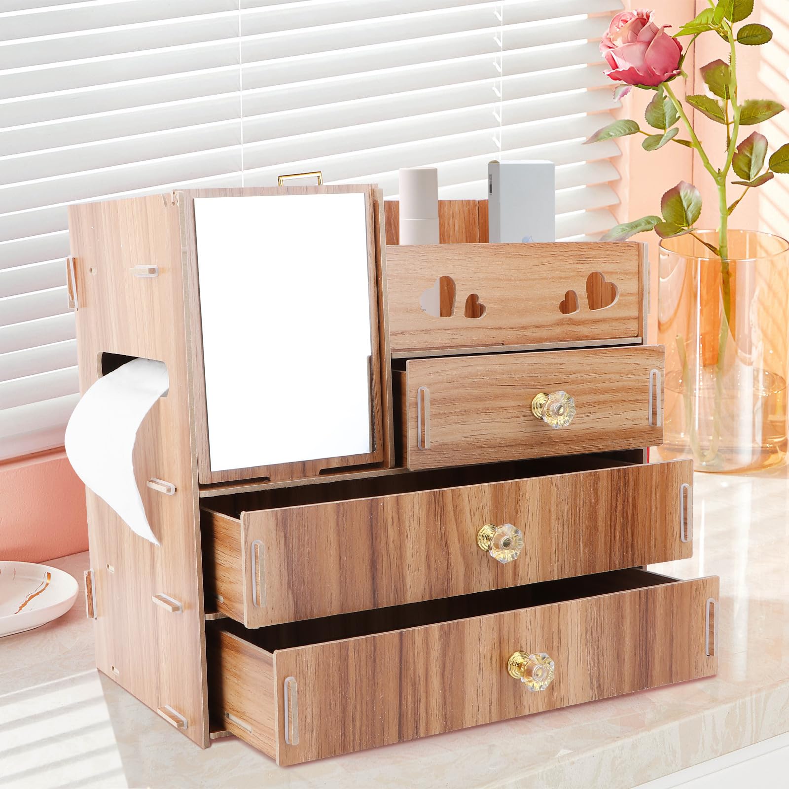 Bois Organisateur de Cosmétiques Miroir de Bureau et Tiroirs
