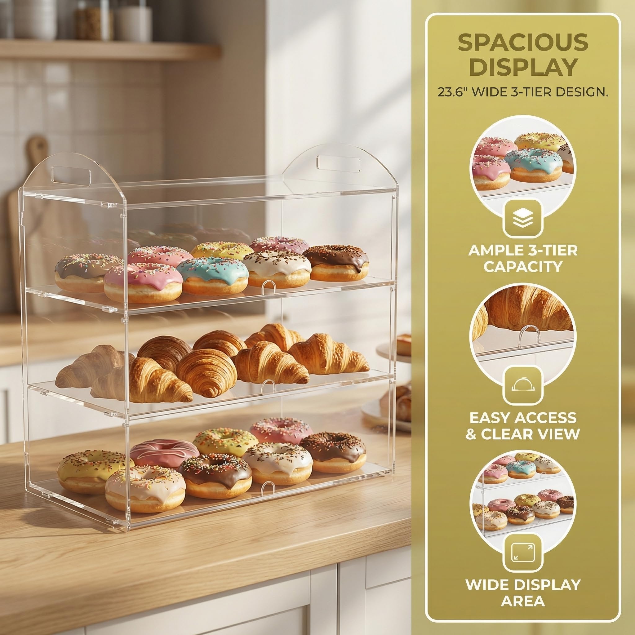Vetrina commerciale a 3 livelli con manico, 49,5 x 38 x 26 cm, vetrina per pasticceria da banco per pane, dessert, biscotti
