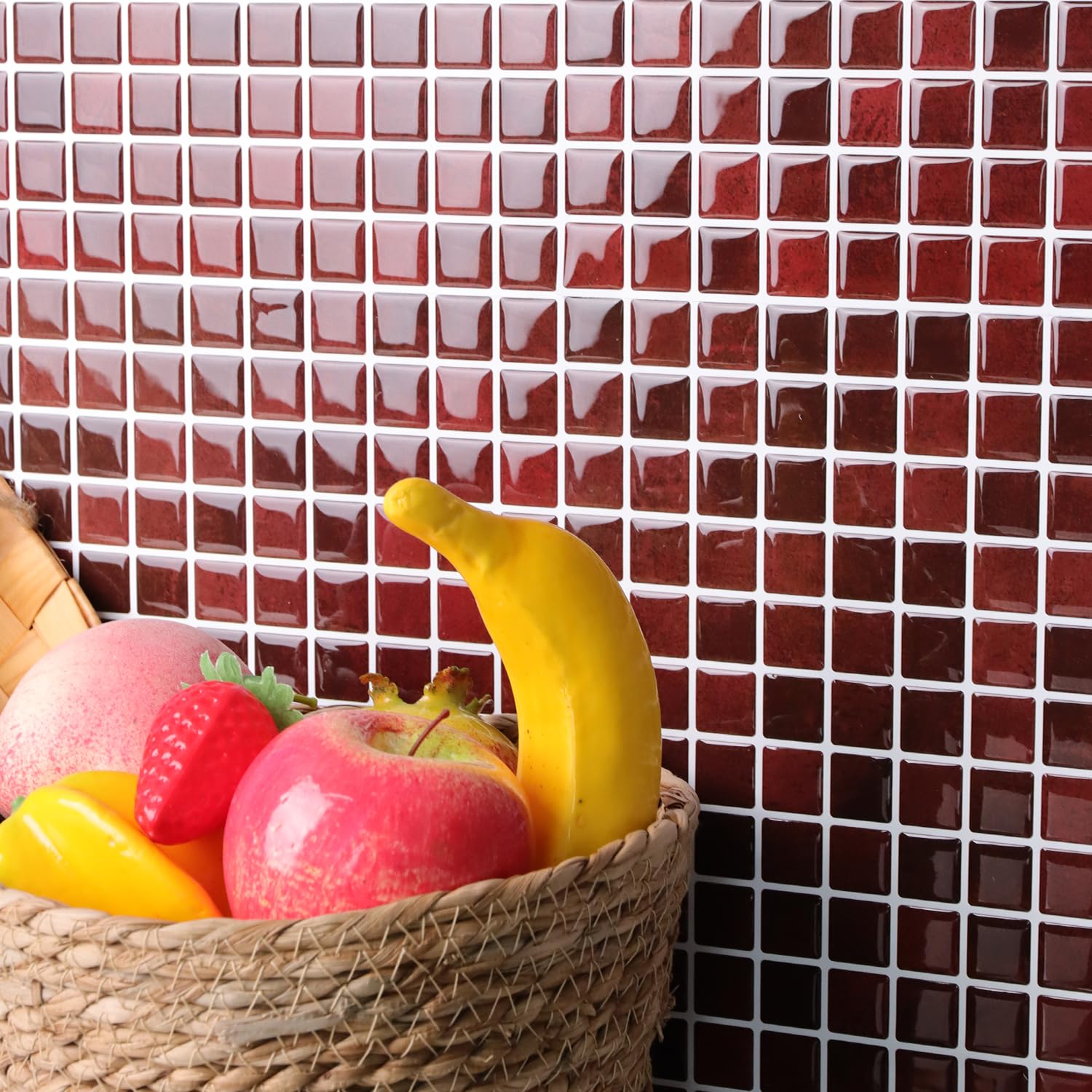 Alwayspon Lot de 10 autocollants muraux en vinyle mosaïque 3D imperméables à coller sur mur de cuisine, salle de bain, 25,4 x 25,4 x 25,4 cm (rouge rétro)
