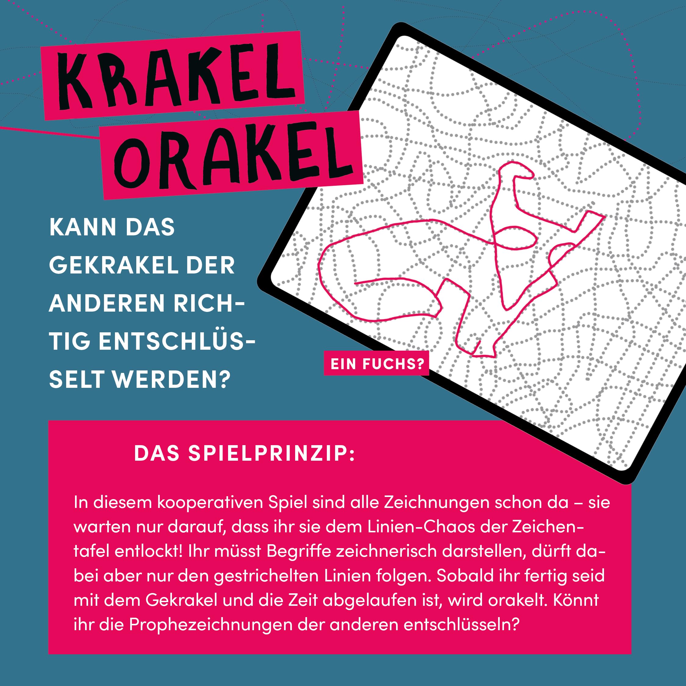 Krakel-Orakel - Das Zeichenspiel für alle, die nicht zeichnen können. Nominiert zum Spiel des Jahres 2025: Wer erkennt die schrägen Formen im Linien-Wirrwarr? 2-8 Personen | ab 10 Jahren | 30 Minuten