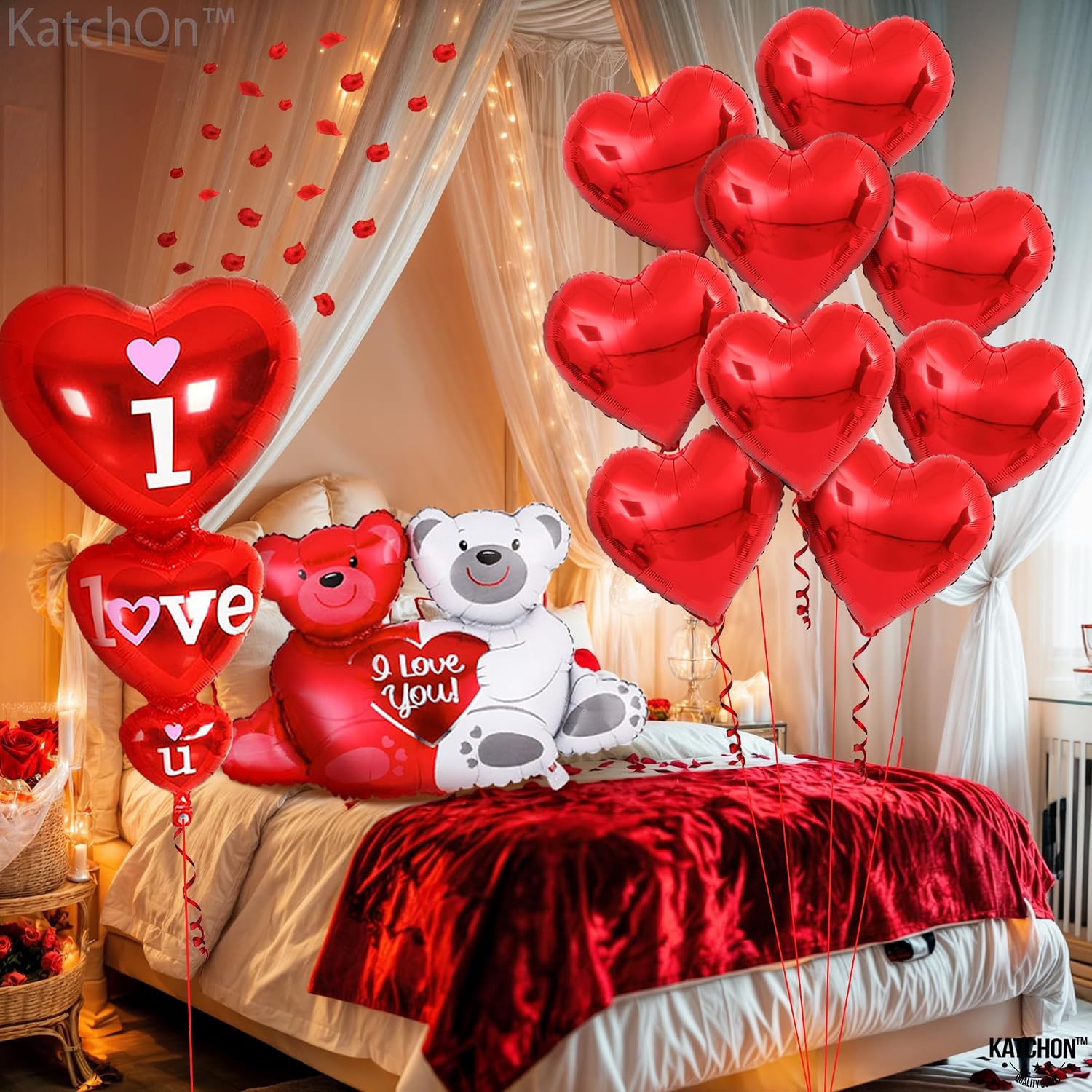 KatchOn Teddy Bear I Love You Balloons - 40 Inch Red Rose Petals Pack of 1000, Heart Balloon for Romantic Decorations