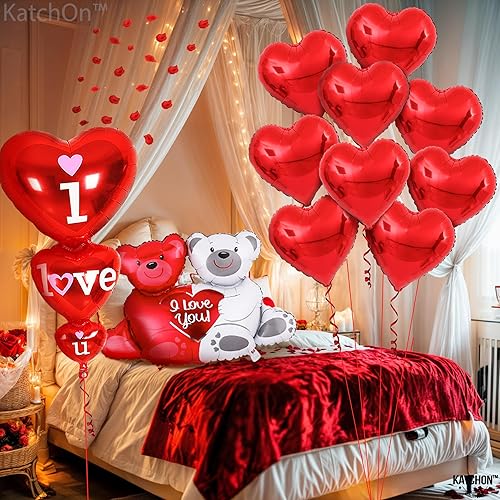 Miniatura 3 de KatchOn, Juego de globos de oso de peluche con texto en inglés "I Love You" de 40 pulgadas, paquete de 1000 pétalos de rosa rojos, globo de corazón