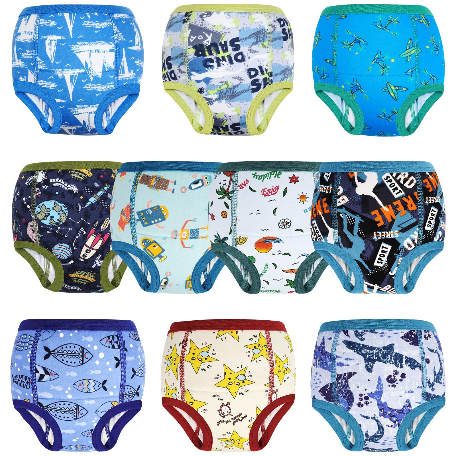 MOEMOE BABY Mutande di Apprendimento, 10 Pezzi, Cotone Ultra-Morbido, Blu, 3 Anni, con Stampe Colorate