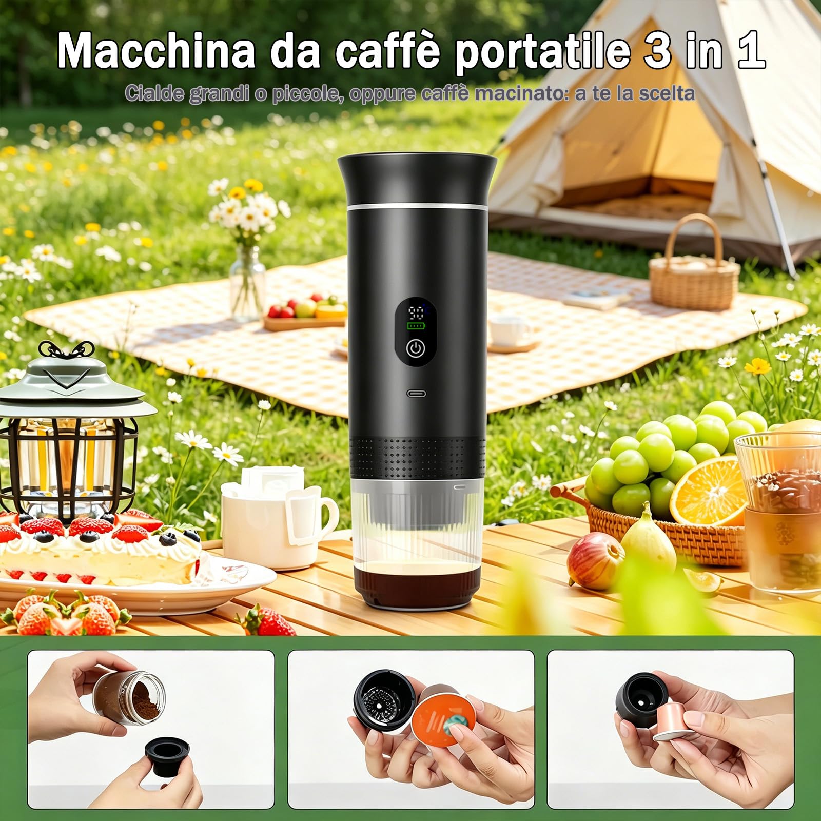 Portable Coffee Maker 3 in 1 Espresso Machine USB-C Mini Electric Hot Water Coffee Maker Compatible with Ness-Preso, Dolce-Gusto and Ground Coffee Capsules