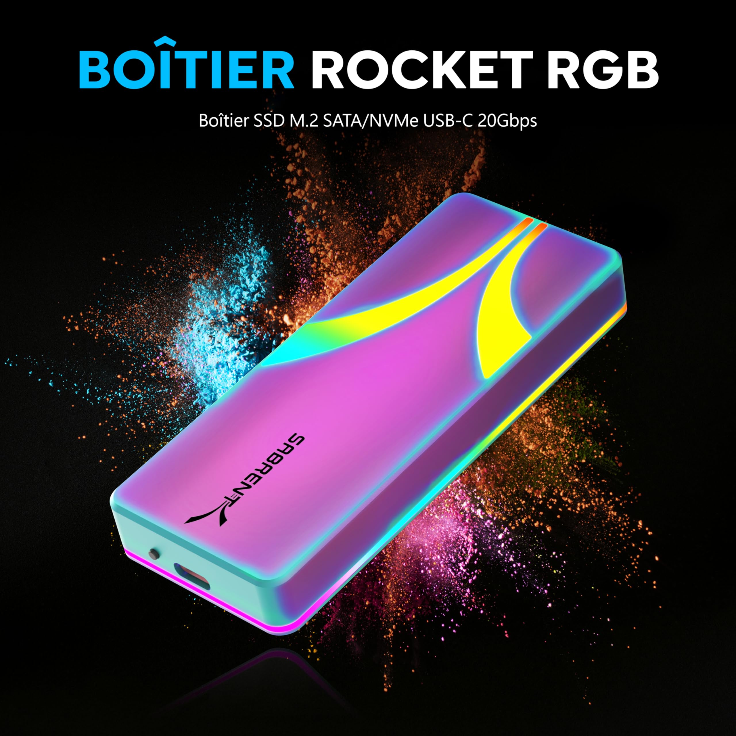 SABRENT Boitier SSD NVMe M.2, Adaptateur SSD M2 USB 3.2 Gen 2x2 20Gbps, Boitier NVMe Externe en Aluminium Durable pour PCIe, M.2 SATA, M Key/M+B Key 2230/2242/2260/2280, Édition Spéciale (EC-RGBC)