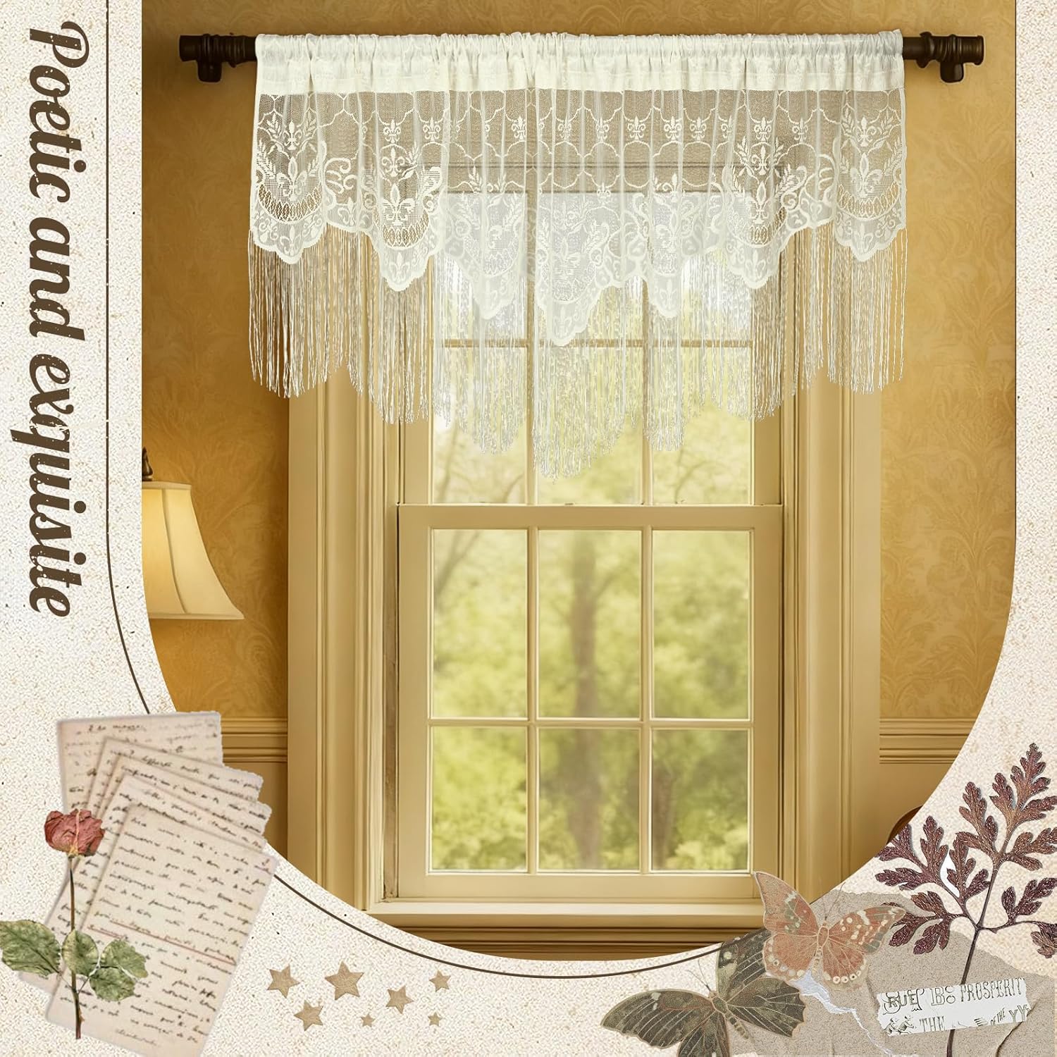 Lounsweer 2 Pcs Lace Scalloped Valance for Window 56 x 23 Inch Victorian Window Treatment Swag Valance Ivory Floral Lace Curtain 1.5 Inch Rod Pocket for Living Room Bedroom (56 x 23 Inches,Elegant)