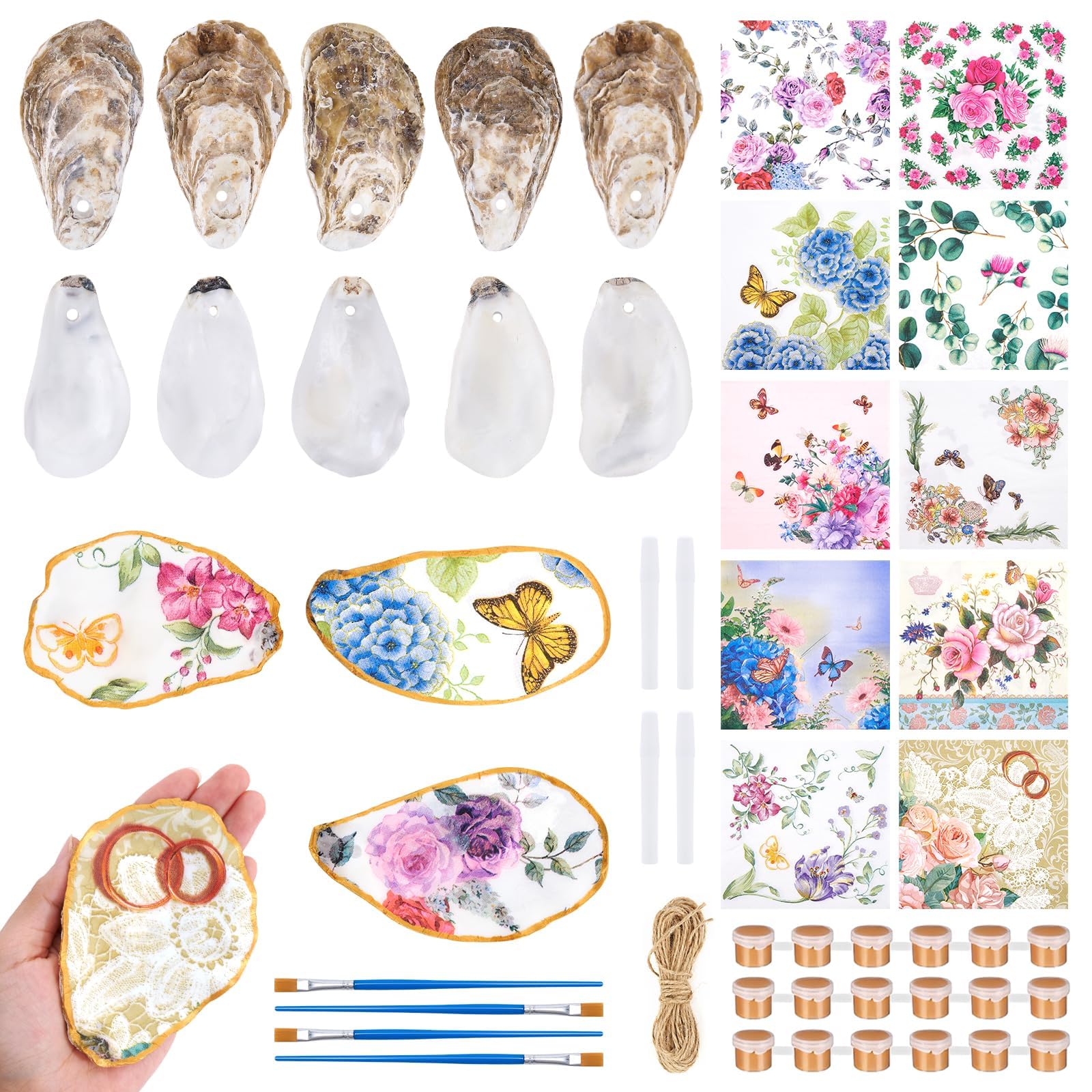 APUDWN 16 Set DIY Natural Oyster Shell Decoupage Crafts Kit Wildflower Butterfly Style 4-5" Large Drilled Shells with Napkins Paints Brushes for Rustic Cottagecore Art Hanging Ornament Making Gifts