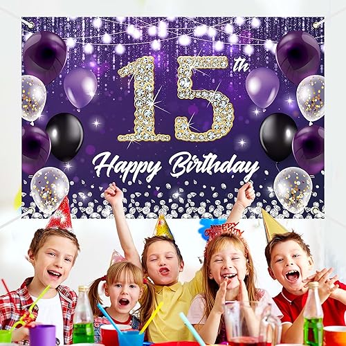 Miniatura 4 de Telón de fondo de feliz cumpleaños 15 color morado con diamante brillante noble elegante fiesta de cumpleaños, fotografía, fondo de cabina de